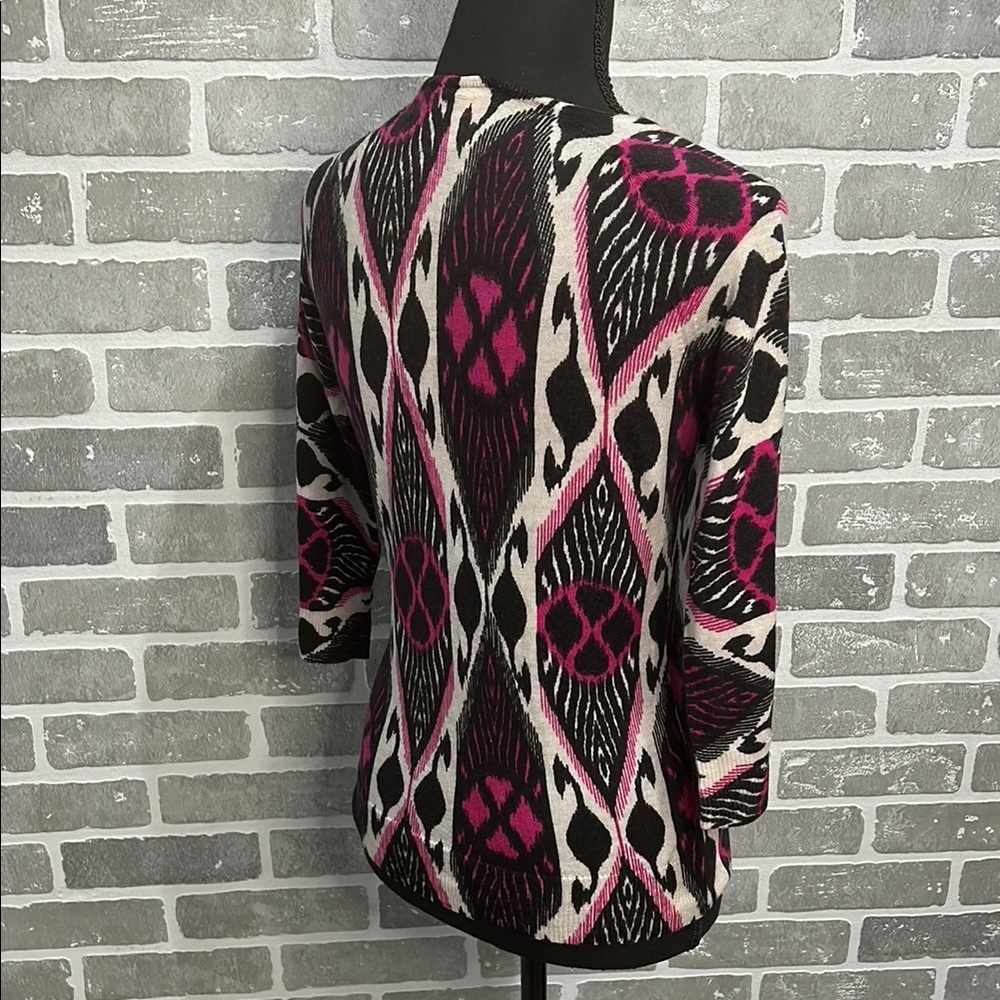 Tory Burch Ikat Print Merino Wool Cardigan Sweater Pink Black V Neck Size Small - Picture 8 of 14